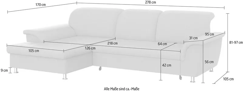 DOMO collection Ecksofa FRANZI 278x170x81 cm, Steppung im Sitzbereich, L-Form, ohne Funktion, Flachgewebe, Grau, – Produktbild 5 von 8