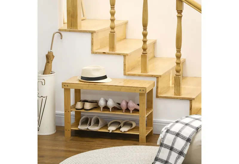 HOMCOM HOMCOM Schuhbank Sitzfläche und Stauraum, 2 Ablagen Flurbank für Wohnzimmer (Schuhregal aus Bambus, 1-St., Sitzbank), für Flur, Eingangsbereich, 70 x 28 x 45 cm, Beige, – Produktbild 1 von 5