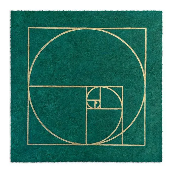 Veskor Cassiopeia Veskor Cassiopeia FIBONACCI SEQUENZ Heilige Geometrie Linoldruck | 22 × 22 cm | Smaragdgrün, Gold, – Produktbild 1 von 4