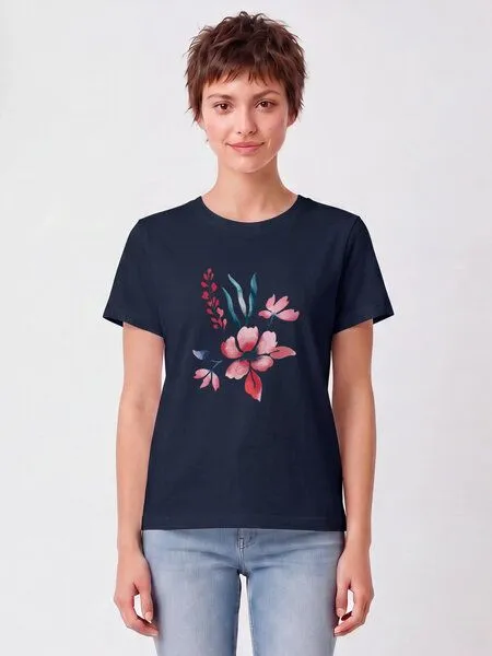 watapparel watapparel T-Shirt Frauen Blume in Wasserfarbe 01, French navy, – Produktbild 2 von 2
