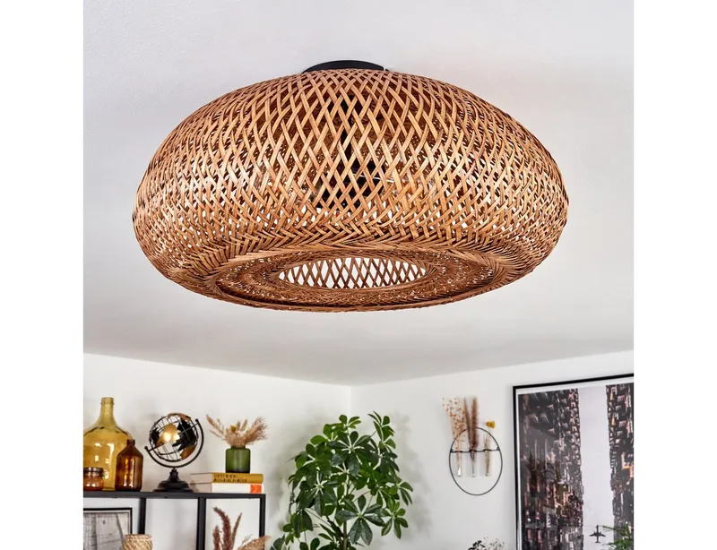 hofstein Deckenleuchte moderne Deckenlampe aus Metall/Bambus/Holz in Schwarz/Natur, ohne Leuchtmittel, Boho-Design Deckenleuchte,Lichteffekt, Ø50cm, 2xE27, ohne Leuchtmittel, Beige|schwarz, – Produktbild 2 von 5
