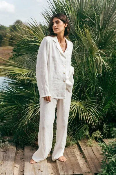 AmourLinen AmourLinen Langarm-Pyjama-Set Nightly, Weiß, – Produktbild 1 von 4