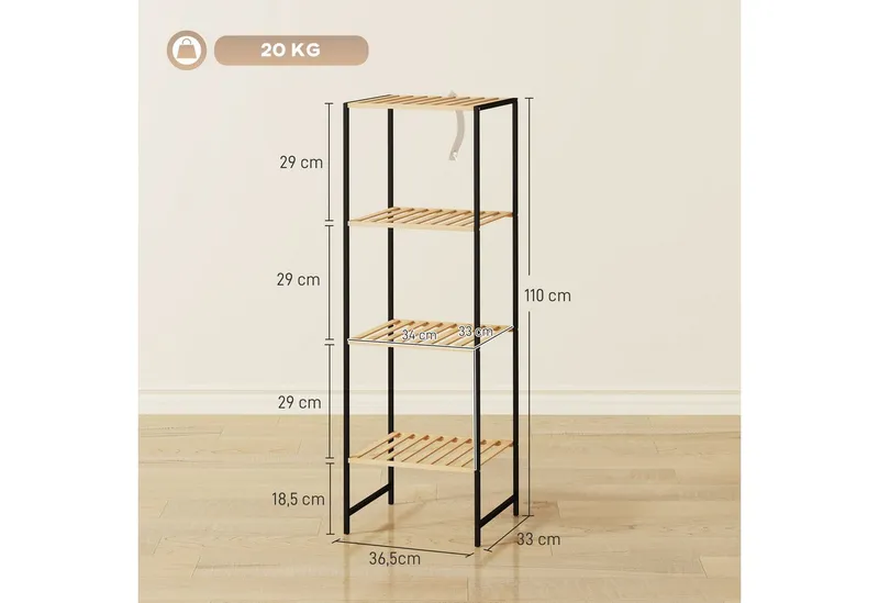 HOMCOM HOMCOM Standregal Badregal mit 4 Ablagen, 36,5x33x110cm, Natur, Aufbewahrungsregal 1-tlg., für Wohnzimmer, Schlafzimmer, Beige, – Produktbild 3 von 5