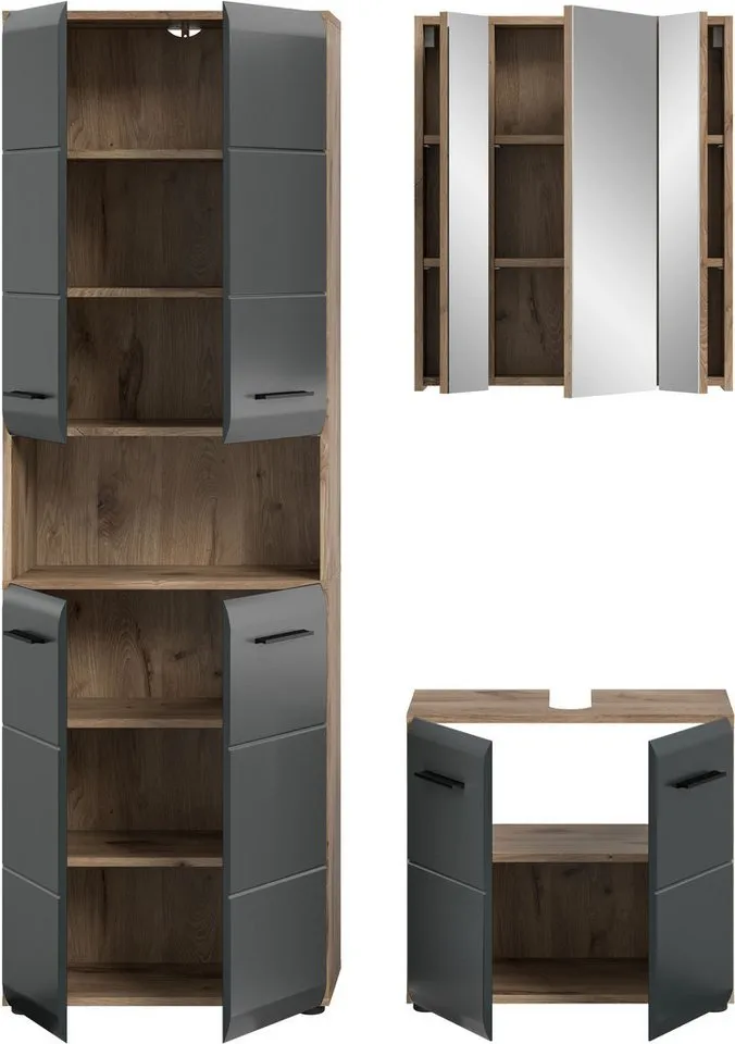 welltime Badmöbel-Set FLORENZ, 3-teilige Badkombination, hochwertige MDF-Front, (Set, 3-St., best. aus: 1 Hochschrank, 1Waschbeckenunterschrank, 1 Spiegelschrank), Bad-Kombination, Bad-Möbel, Badezimmer, Kombination, Kombi, Schwarz, – Produktbild 4 von 5