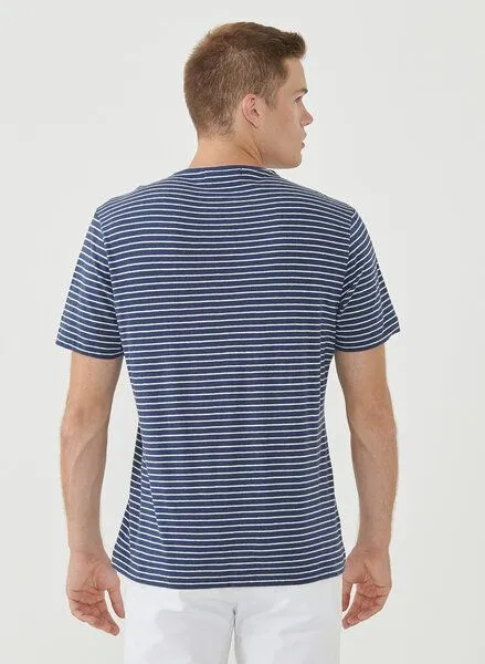 ORGANICATION ORGANICATION Gestreiftes T-Shirt aus Bio-Baumwolle und Leinen, Navy/off white, – Produktbild 4 von 4