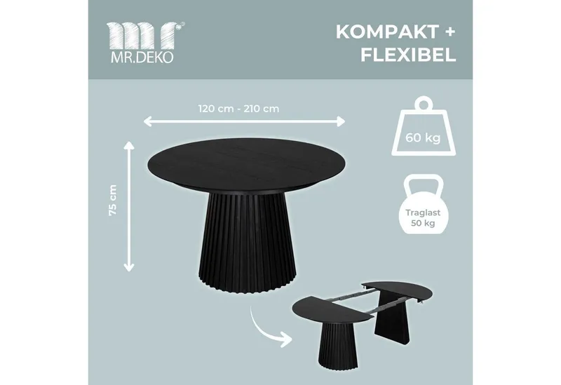 MR.DEKO Esstisch ausziehbar Andria Oval 120/210x120cm Black Oak Ausziehbarer Tisch FSC®, Esstisch, ausziehbar, 18 mm Tischplattenstärke, Schwarz, – Produktbild 3 von 5