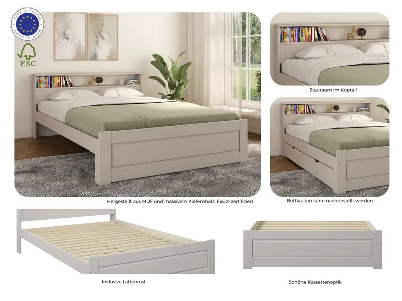 OTTO home Massivholzbett FLAVION, Jugendbett, Stauraum, FSC® zertifizierte Kiefer (Breite: 90, 140, 180), Qualitätsprodukt, Regal, Kassettenoptik, Schublade optional, Beige, – Produktbild 3 von 4