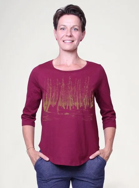 Peaces.bio - handbedruckte Biomode Peaces.bio - handbedruckte Biomode Dreiviertelarm-Shirt Woodland, Bordeaux, – Produktbild 2 von 2