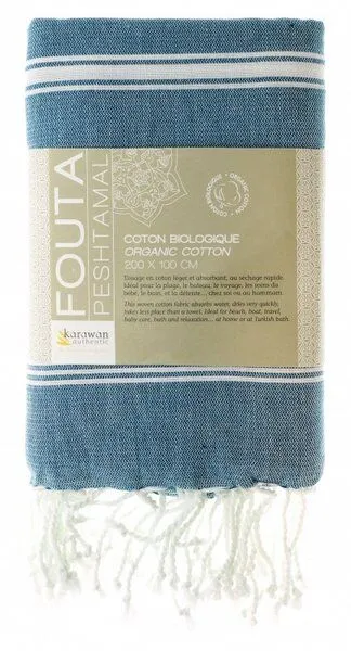 Karawan authentic Karawan authentic Fouta Hamamtuch aus reiner Bio-Baumwolle 200 × 100 cm (Stil HAMMAM), Ocean blue, – Produktbild 4 von 5