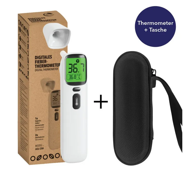 IEA Green Infrarot-Fieberthermometer AOJ-20A kontaktlos, Bundle mit Schutztasche, 2-tlg., Set inkl. Tasche, für Babys/Kinder/Erwachsene, Stirn & Ohr, Farbwarnsystem, Schwarz, – Produktbild 2 von 5