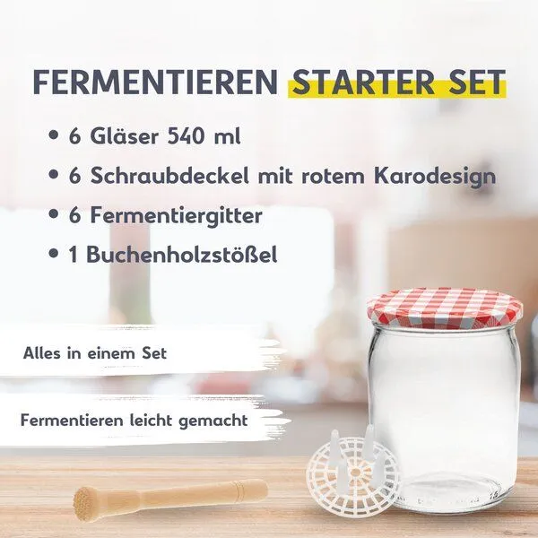 mikken mikken Fermentier Starter Set - 6 Fermentiergläser 540 ml mit Fermentier Gitter, Holzstößel und Deckel – Produktbild 2 von 4