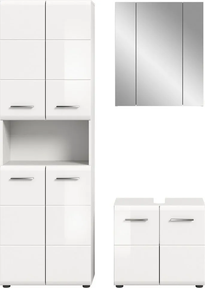 welltime Badmöbel-Set FLORENZ, 3-teilige Badkombination, hochwertige MDF-Front, (Set, best. aus: 1 Hochschrank, 1Waschbeckenunterschrank, 1 Spiegelschrank), Bad-Kombination, Bad-Möbel, Badezimmer, Kombination, Kombi, Weiß, – Produktbild 4 von 5