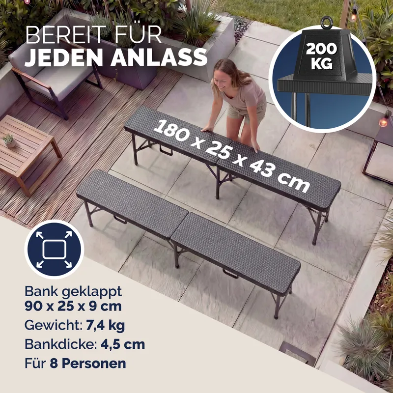 Casaria® Rattanbänke Malmö 2er-Set Schwarz 180cm, Schwarz, – Produktbild 2 von 2