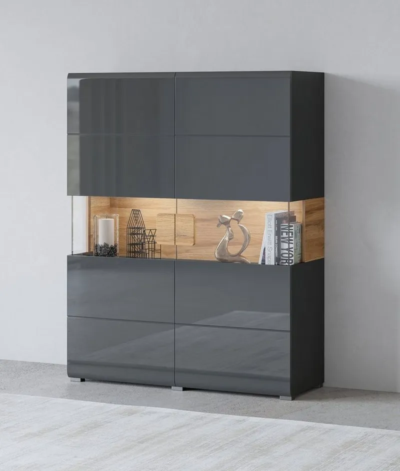 OTTO home Highboard Toledo,Breite 121,5 cm, trendige Hochkommode mit 2 Türen, Hochschrank mit Glas-Partien,stylische Hochglanzfronten, Schwarz, – Produktbild 2 von 5