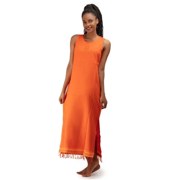 Africulture Africulture Kikoy Sommerkleid lang, "Mwezi" mit Afrikanischem Stickmuster, Orange, – Produktbild 1 von 1