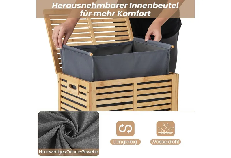 COSTWAY COSTWAY Wäschekorb, Bambus, 80L, mit Deckel & ausnehmbarem Wäschesack, Beige, – Produktbild 4 von 5