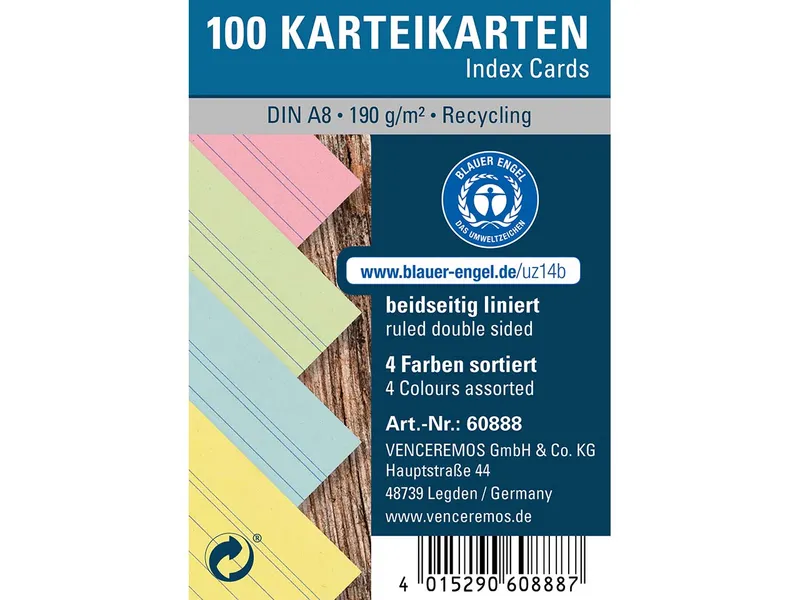 100 Karteikarten aus Recyclingkarton 190 g/m² DIN A8, farbig sortiert – Produktbild 1 von 1