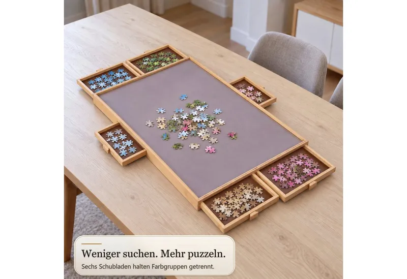 Floordirekt Puzzleunterlage Hudson mit 4 oder 6 Schubladen MDF Bambus Puzzletisch Drehbares, (Einzelartikel, 2000-tlg., 1-teilig), Schubladen einzeln herausziehbar, für 1000 bis 2000 Puzzleteile, Holzoptik - 6 schubladen, – Produktbild 4 von 4