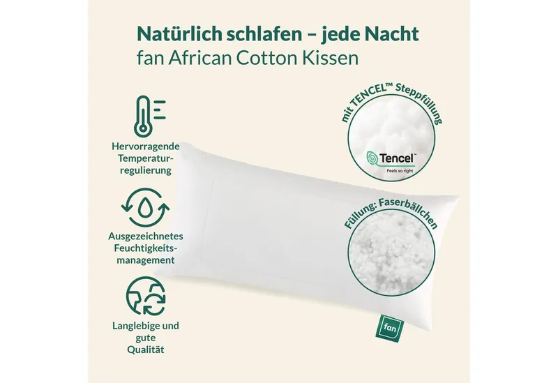 fan Kopfkissen African Cotton, 40x80 & 80x80 cm, Füllung: 60% Polyester / 40% Lyocell (Tencel), Bezug: 100% Bio Baumwolle, Kopfkissen mit hochwertigem Baumwollbezug (KBA), Beige, – Produktbild 7 von 7