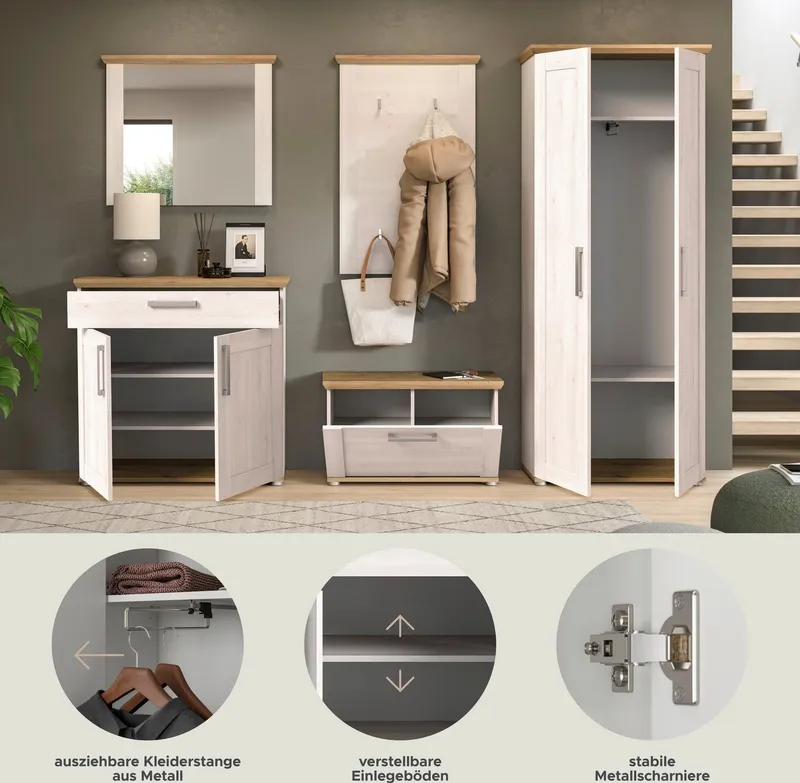 Home affaire Garderoben-Set COSENZA, Breite ca. 285 cm, 5-teilig, in Landhausoptik, (5-St., Garderobenschrank, Sitzbank, Garderobenpaneel, Schuhschrank, Spiegel), Garderobenkombination, Kombination, Diele, Garderobe, Garderobenmöbel, Weiß, – Produktbild 4 von 5
