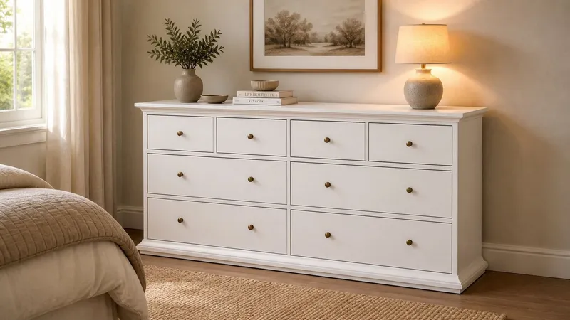 Home affaire Kommode Paris, Aufbewahrung, Schubladenschrank, Stauraum, mit 8 Schubladen, Landhausstil, Elegant, geräumig, Breite 184 cm, Höhe 87 cm, Weiß, – Produktbild 2 von 5