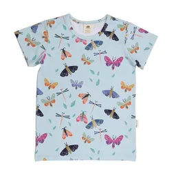 Walkiddy Kinder T-Shirt GOTS-zertifiziert aus Bio-Baumwolle hellblau mit buntem Schmetterlings-Muster von Walkiddy – Produktbild 1 von 1