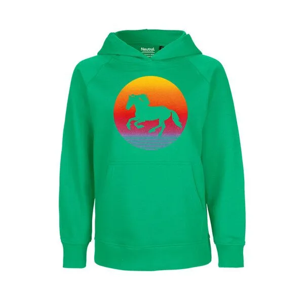 HANDGEDRUCKT HANDGEDRUCKT "Sunsethorse" Kinder Hoody aus reiner Biobaumwolle (kbA), Green, – Produktbild 1 von 4