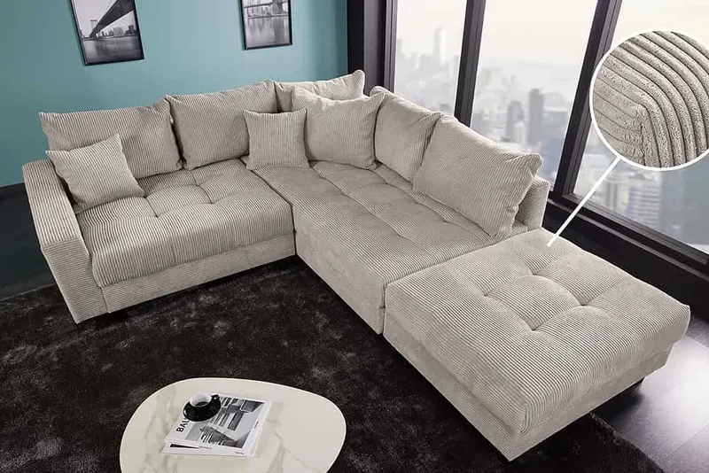 riess-ambiente Ecksofa KENT 220cm greige schwarz - Cord, L-Form, Federkern, FSC-zertifiziert, Einzelartikel 1 Teile, Moderne Wohnlandschaft inkl. Hocker - ideal für Wohnzimmer u. Familien, Grau, – Produktbild 1 von 5