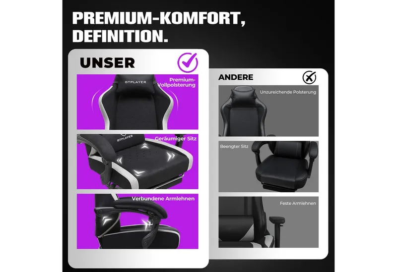 GTPLAYER Gaming-Stuhl Ergonomischer Gaming Sessel Schreibtischstuhl aus Stoff/Kunstleder (Packung), Federsitzkissen mit Fußstütze, Schwarz, – Produktbild 2 von 5