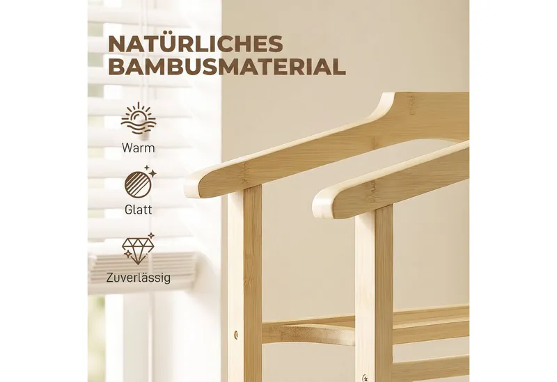 HOMCOM HOMCOM Garderobenständer Kleiderständer Garderobe mit Kleiderstangen aus Bambus, Schuhregal, (Set, 1 St., 1), für Schlafzimmer, Ausstellungen, Waschküche, Beige, – Produktbild 4 von 5