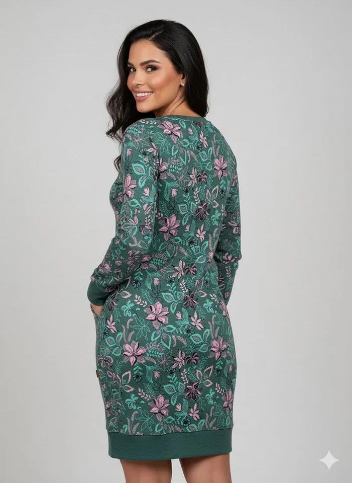 ragwear ragwear Sweatkleid MENITA FLOWERS O mit kurzer Passform, aus Baumwolle und Polyester, Grün, – Produktbild 2 von 3