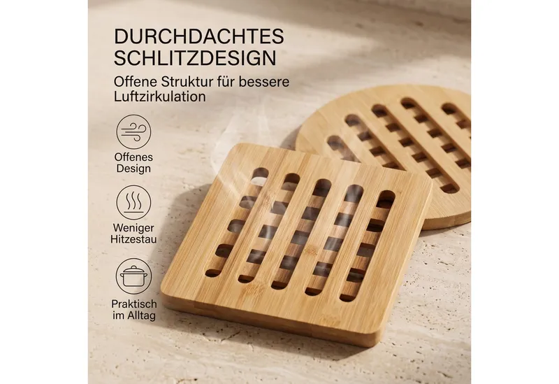 hausleben Topfuntersetzer Bambus-Untersetzer 4er Set 16x16 cm, eckig & rund, Zubehör für Töpfe, Pfannen, Teekannen, Auflaufformen, Set, 4-tlg., 16L x 16B x 1D cm, Beige, – Produktbild 3 von 5