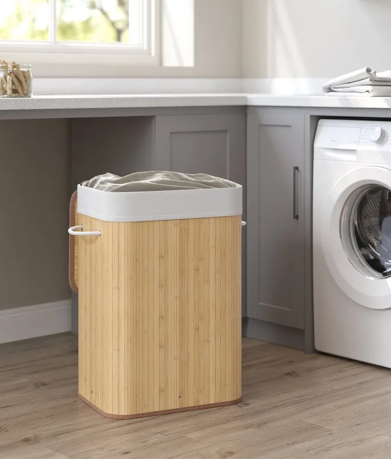 SONGMICS SONGMICS Wäschekorb mit Deckel, Wäschesammler aus Bambus, faltbar, für Waschküche, 72 Liter, Wäschesack herausnehmbar und maschinenwaschbar, 40x30x61 cm, Beige, – Produktbild 2 von 5
