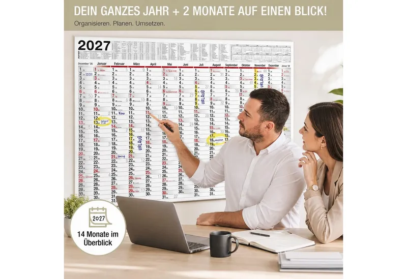TOBJA Wandkalender Wandkalender 2027 XXL B1 Gerollt 70x100 cm Jahresplaner, 14 Monate, Ferien DE/AT, KW, FSC, gerollt, Weiß, – Produktbild 3 von 5