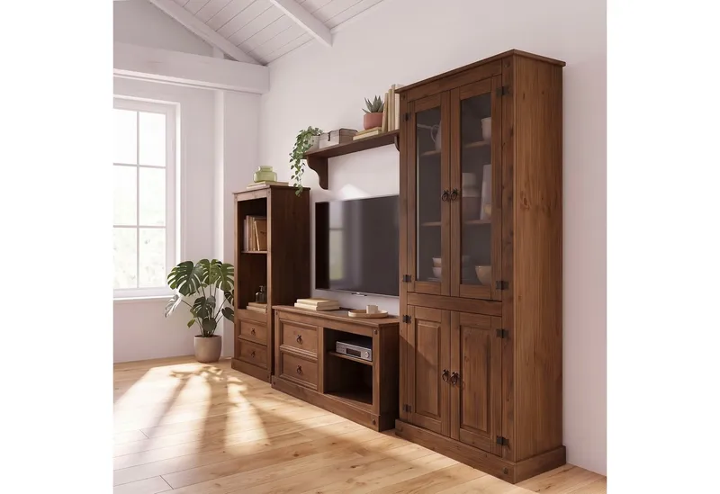 OTTO home Wohnwand Mexiko Vitrine, Regal und TV-Board mit Metallgriffen, (Set, 3-St), bestehend aus 1 Vitrine, 1 Lowboard und 1 Regal, ohne Wandboard, Braun, – Produktbild 3 von 5
