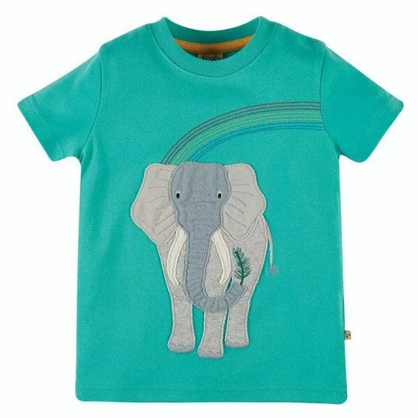 Frugi Frugi T-Shirt Elefant in Pazifik-grün Carsen Applique T-Shirt – Produktbild 1 von 3
