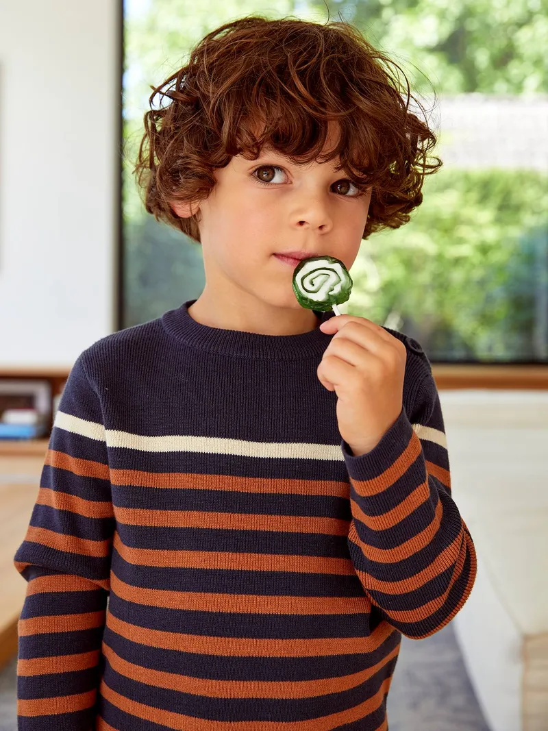 Vertbaudet Jungen Streifenpullover, Marine/senfgelb gestreift, – Produktbild 1 von 3