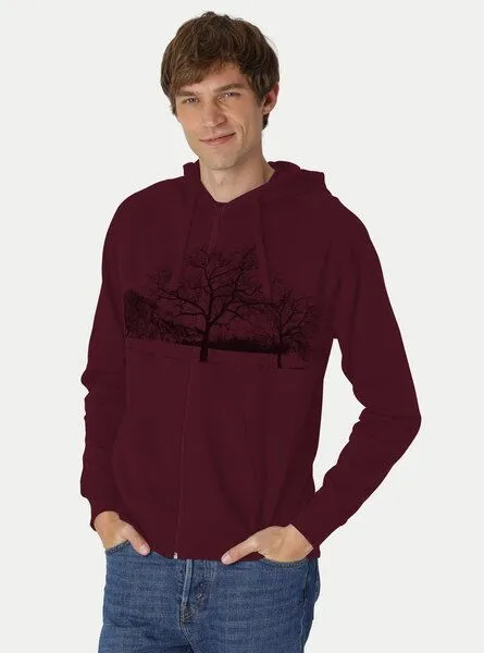 Peaces.bio - handbedruckte Biomode Peaces.bio - handbedruckte Biomode Zip-Hoodie Landscape Herren, Bordeaux, – Produktbild 2 von 2