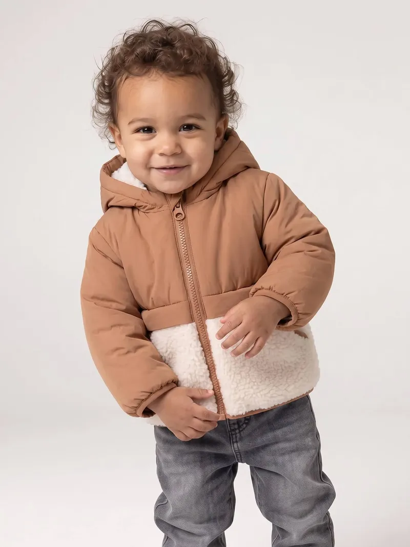 Vertbaudet Baby-Set aus Winterjacke mit Kapuze, Hellbraun, – Produktbild 2 von 4