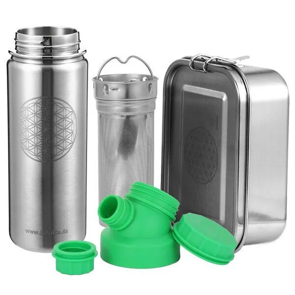 JN JuNiki's JN JuNiki's Set "Blume des Lebens": Lunchbox + 550ml Edelstahltrinkflasche + Teefilter, Grün, – Produktbild 1 von 4