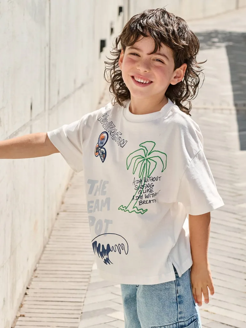 Vertbaudet T-Shirt mit Surfer-Print Jungen, Wollweiß, – Produktbild 1 von 4