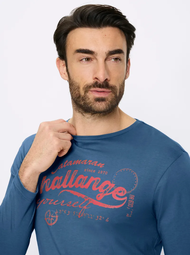 Catamaran Langarmshirt jeansblau-kirsche-bedruckt, Jeansblau-kirsche-bedruckt, – Produktbild 2 von 2