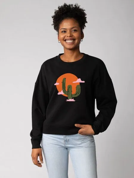 watapparel watapparel Sweatshirt Frauen Kaktus im Sonnenuntergang, Black, – Produktbild 2 von 2