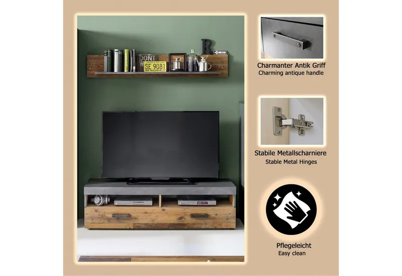 Home affaire Wohnwand Ilana, Komplettset bestehend aus: TV-Unterteil und Wandboard, Grau, – Produktbild 4 von 5