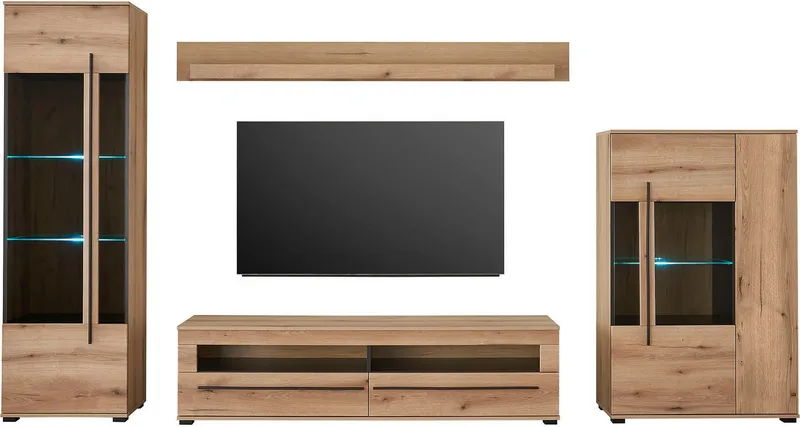 Home affaire Wohnwand Cantara, Anbauwand, Wohnzimmer-Set, in Eiche Evoke, Weiß oder Kaschmir, (Set, 4-St), enthält zwei Vitrinen, ein Lowboard und ein Wandboard, Braun, – Produktbild 6 von 8