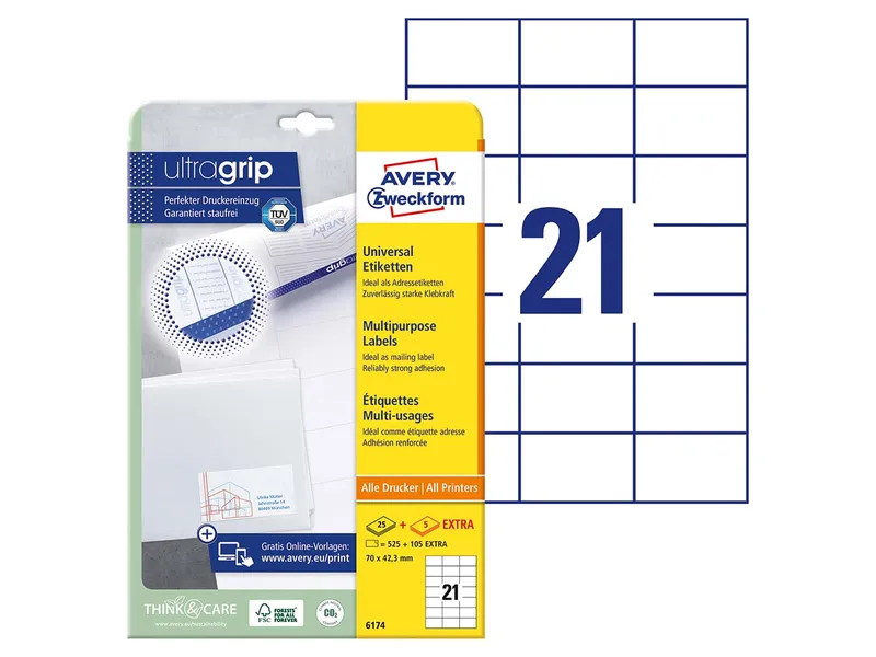 Avery Zweckform 525 Avery Zweckform Universaletiketten 70 x 42,3 mm, A4, permanent – Produktbild 1 von 1