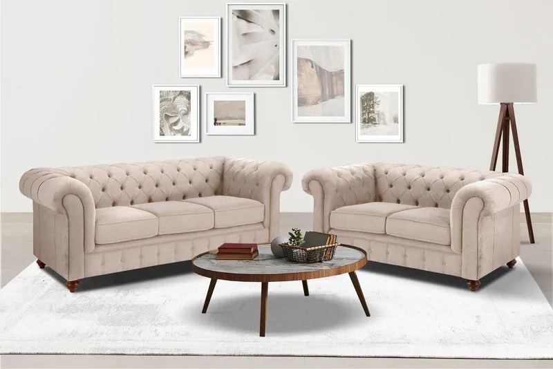 OTTO home Sitzgruppe Chesterfield, (2-tlg), hochwertige Knopfheftung, bestehend aus 2- und 3-Sitzer, Beige, – Produktbild 4 von 5