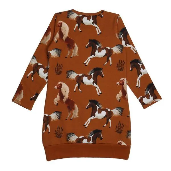 Walkiddy Kinder Kleid GOTS zertifiziert – 95% Bio-Baumwolle, Braun mit Pferdemotiv, Langarm, 5% Elasthan, weich & bequem | Walkiddy – Produktbild 2 von 2