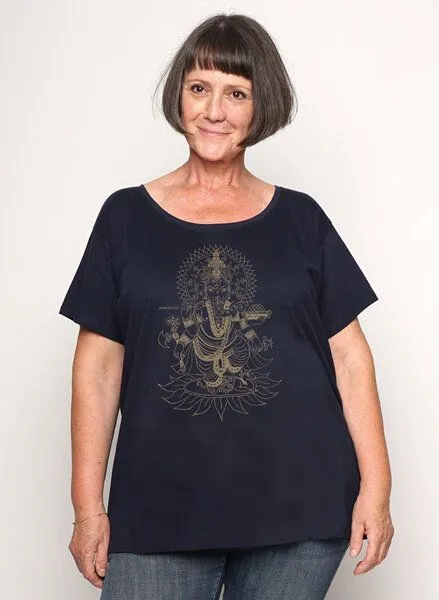 Peaces.bio - handbedruckte Biomode Peaces.bio - handbedruckte Biomode Loosefit Shirt Ganesha Damen, Navy, – Produktbild 2 von 2
