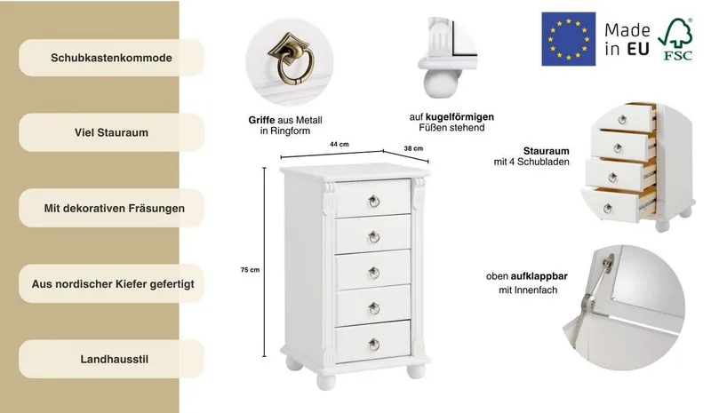 OTTO home Schubkastenkommode Tessin, Schminkkommode mit Spiegel, aus massiver Kiefer, FSC®-zertifiziert, Weiß, – Produktbild 1 von 5